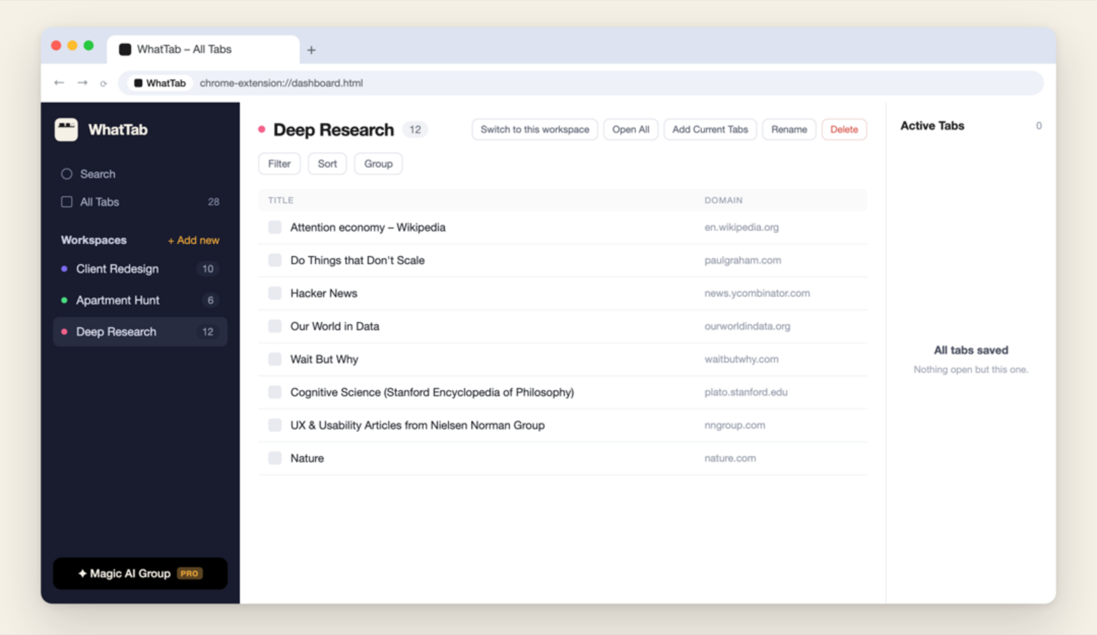 A calm browser window with a single tab open and tidy named workspaces in the WhatTab sidebar.