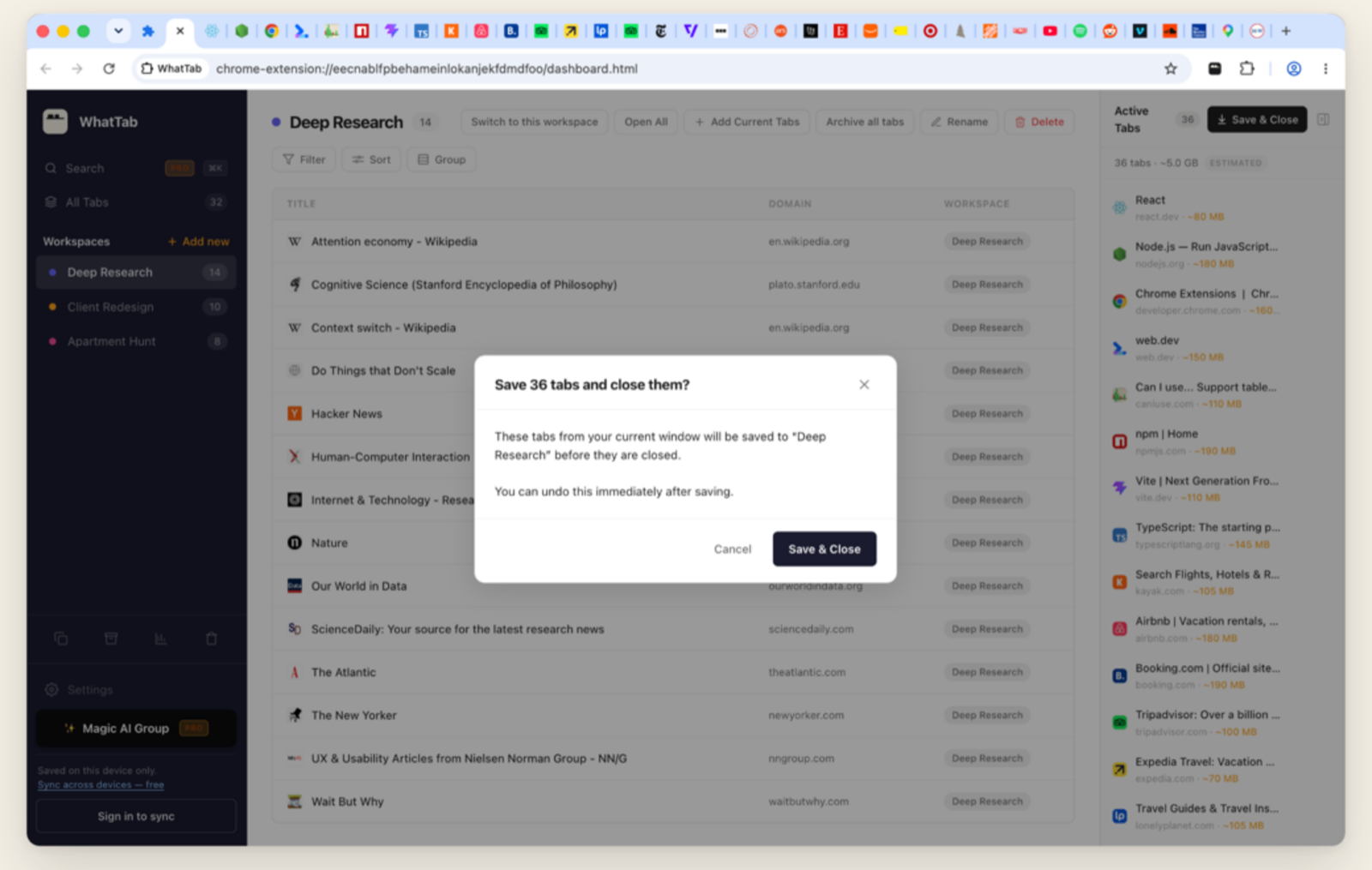 WhatTab's Save & Close confirmation dialog, showing 36 tabs about to be saved to a named workspace.
