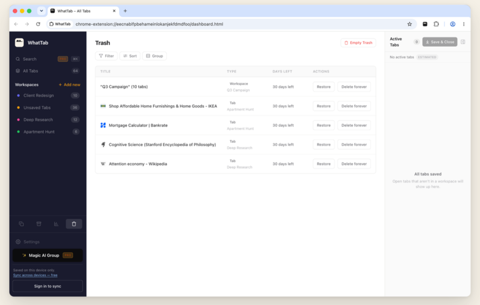WhatTab's Trash view showing a deleted workspace and deleted tabs, each with 30 days left and Restore or Delete forever options.